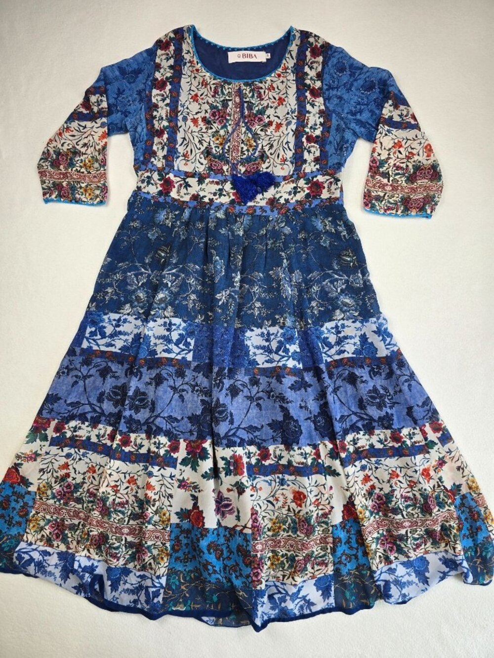 Biba Womens Floral Patchwork Maxi Prairie Dress Blue Size 34 Small Tassels